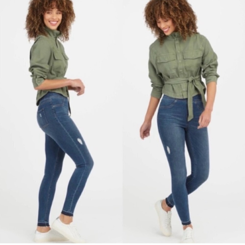Spanx Distressed Raw Hem Skinny Pull On Jeggings Women Small Blue